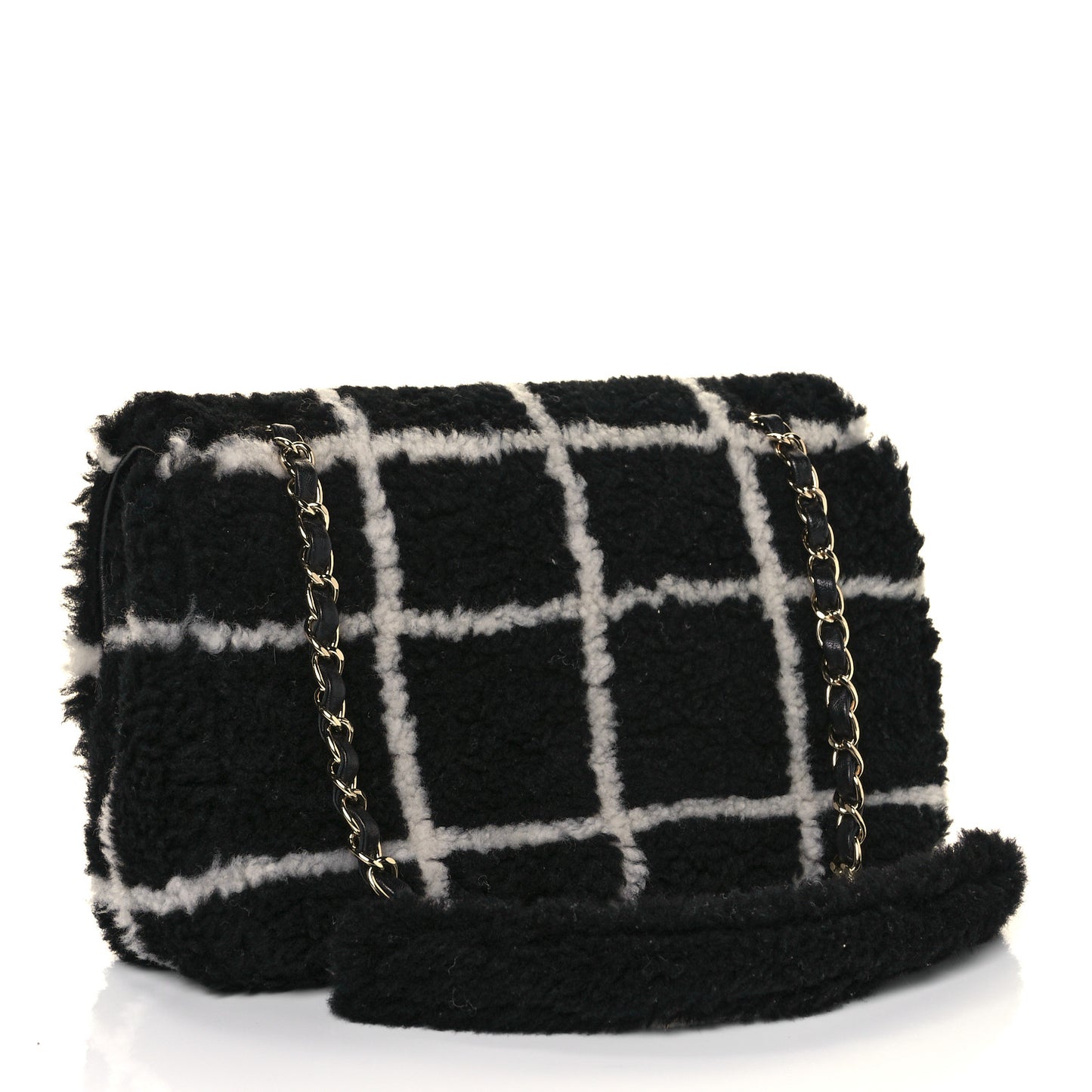 Shearling Lambskin Large Fluffy Tartan Single Flap Black White