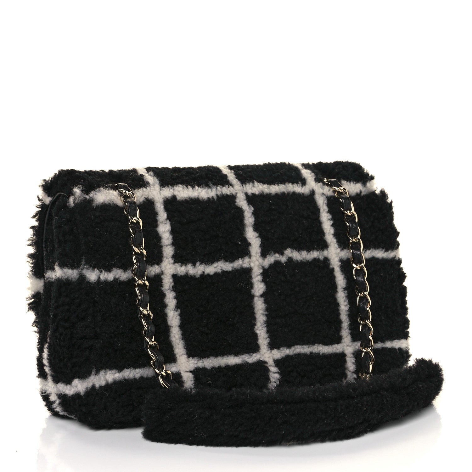 Chanel Shearling Lambskin Large Fluffy Tartan Single Flap Black White 2 of 11