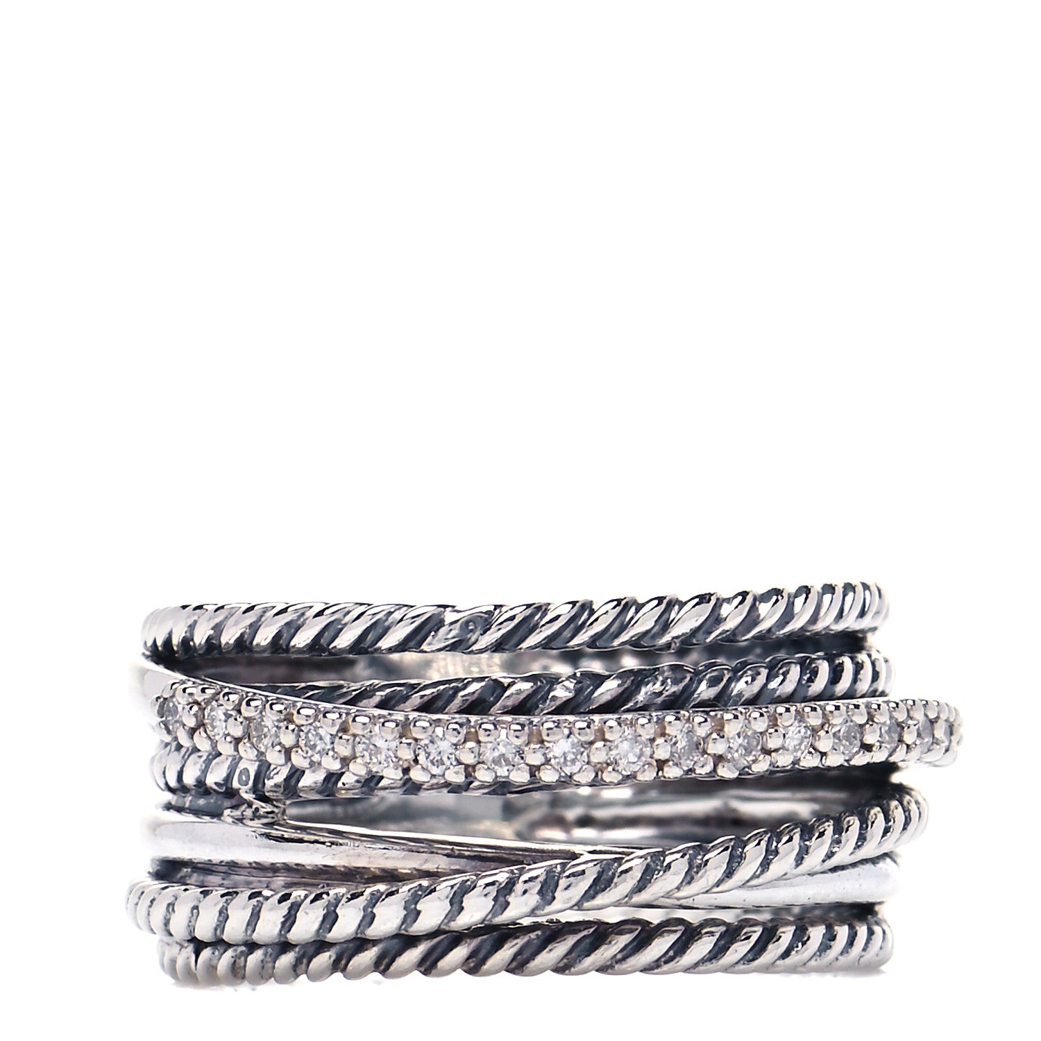 David Yurman Sterling Silver Diamond 11mm Wide Crossover Cable Ring 54 7 1 of 4