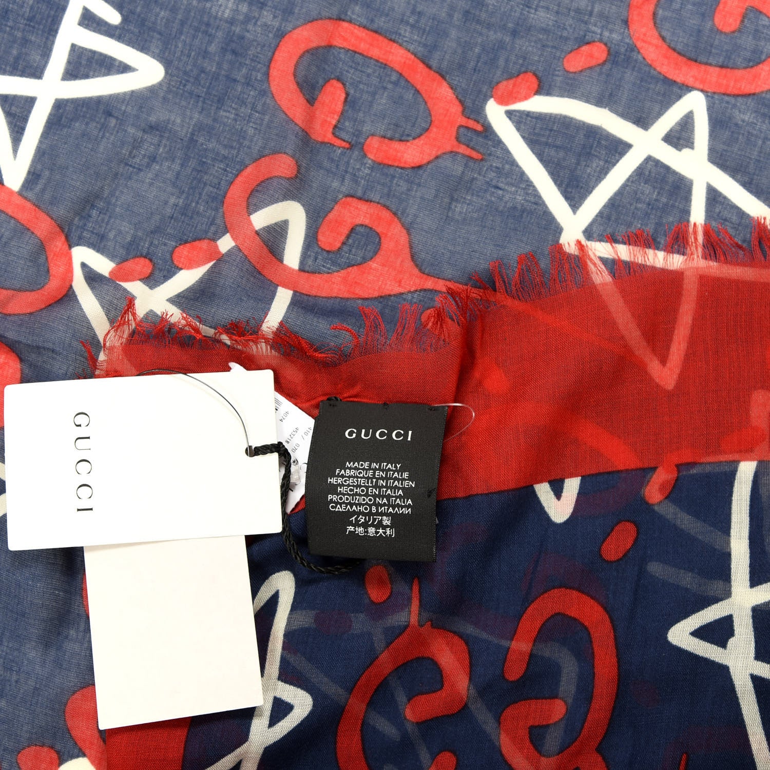Gucci Modal Silk GucciGhost Print Shawl Red White Blue 3 of 3