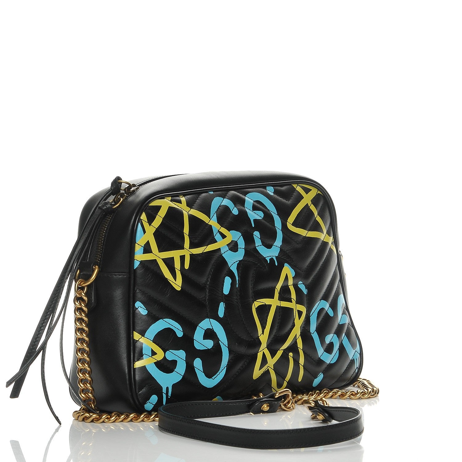Gucci Calfskin Matelasse GucciGhost Medium GG Marmont Chain Shoulder Bag Black New Acquamarine 3 of 8