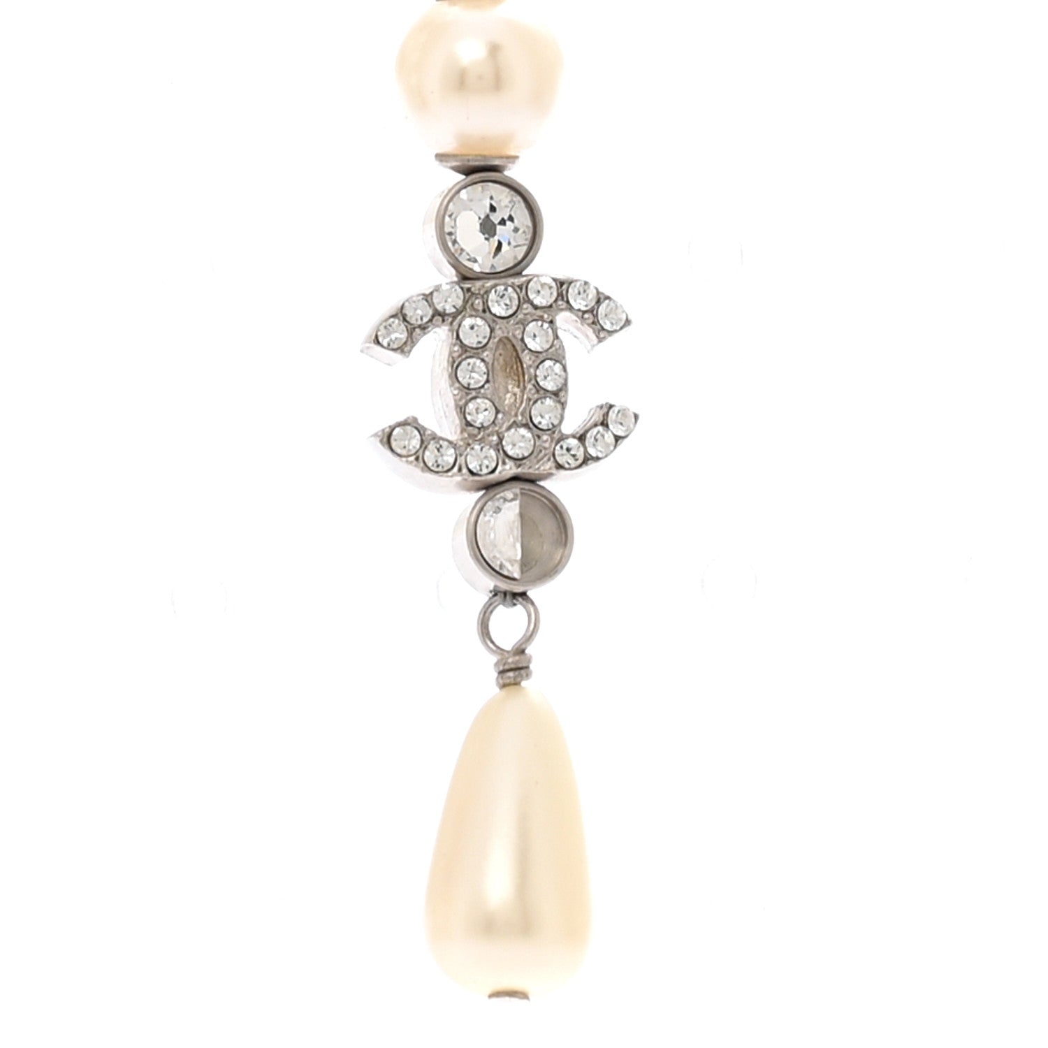 Chanel Pearl Crystal CC Chain Drop Earrings Silver 6 of 6