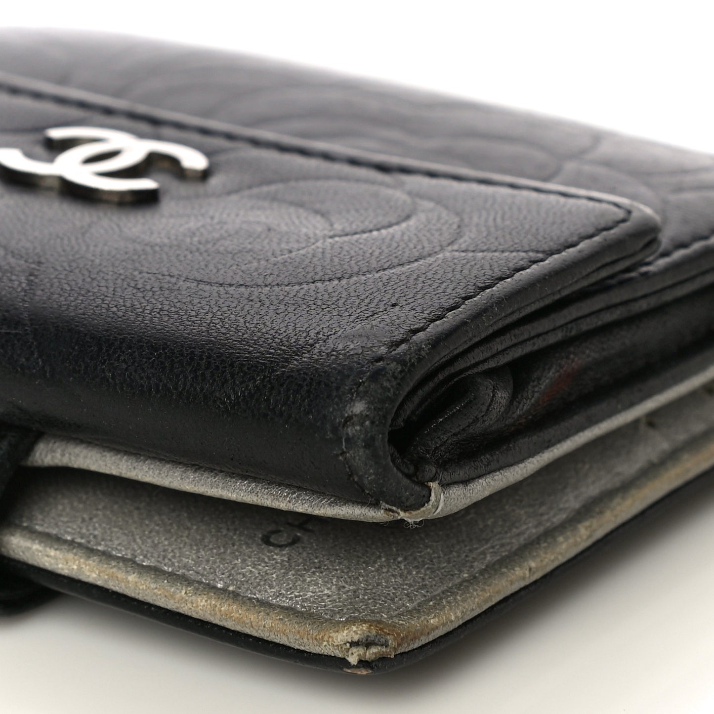 Lambskin Embossed Camellia French Wallet Black