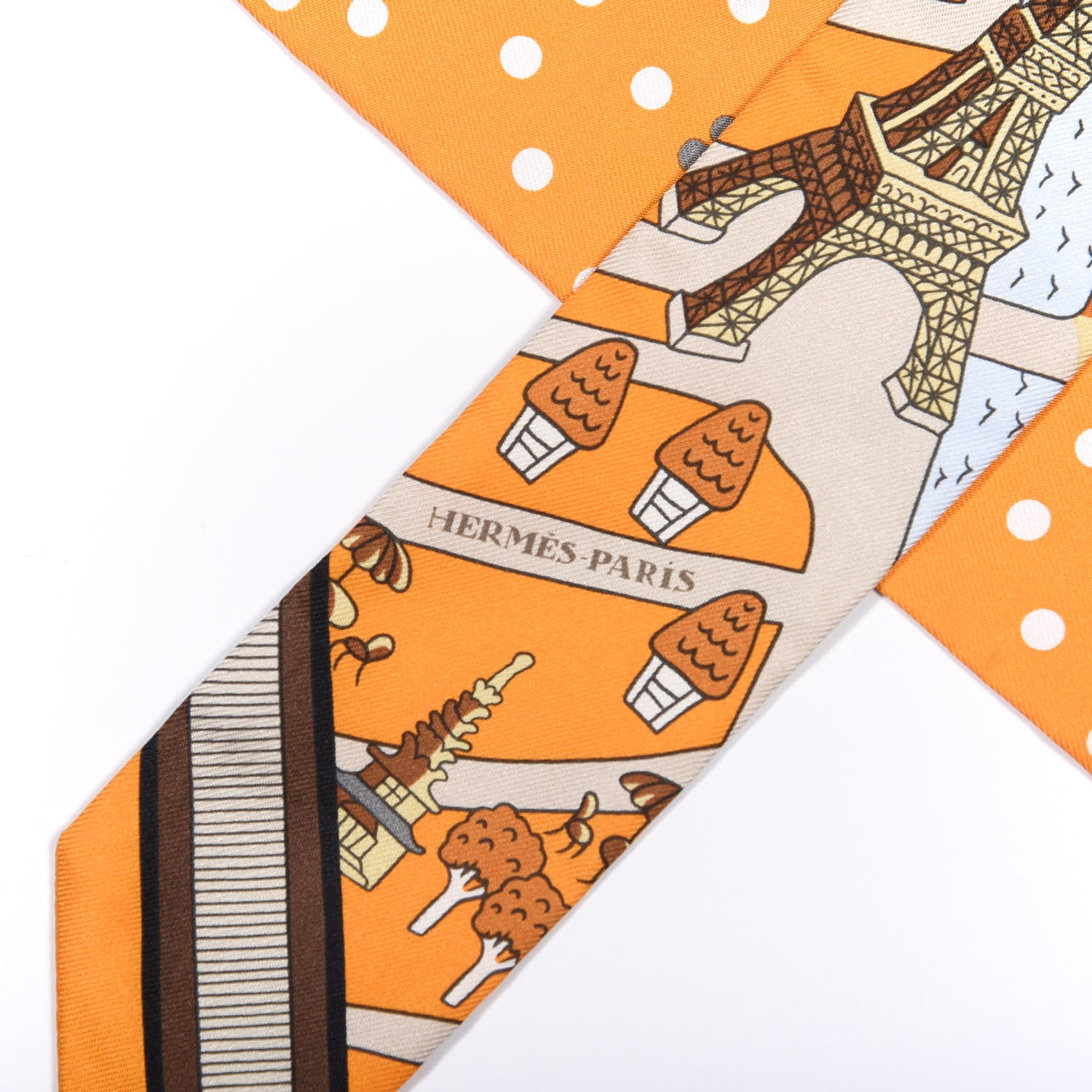 Hermes Silk Les Nouveaux Amoureux de Paris Twilly Orange Ciel Beige 3 of 4