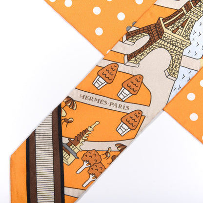 Hermes Silk Les Nouveaux Amoureux de Paris Twilly Orange Ciel Beige 3 of 4