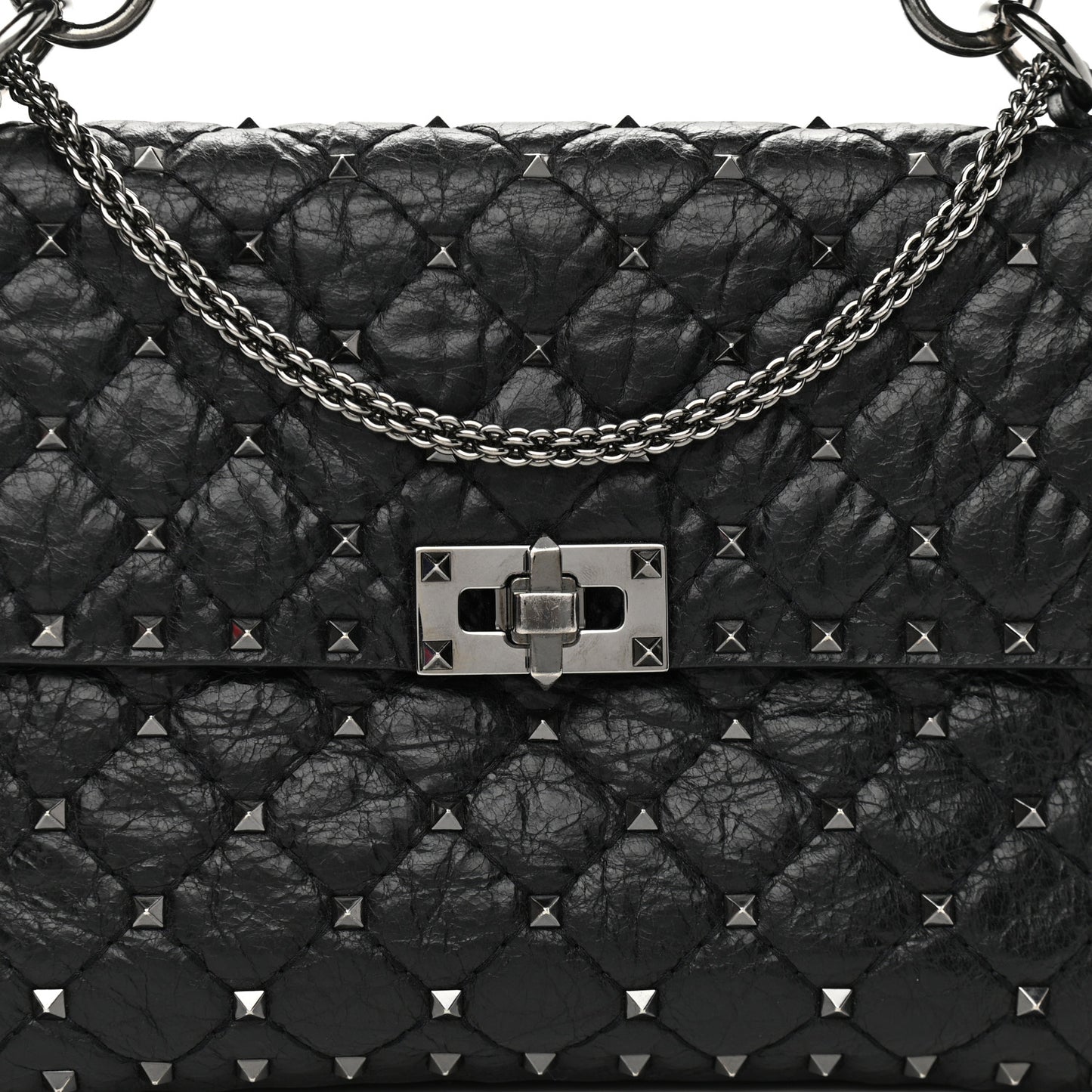 Craquele Nappa Medium Rockstud Spike Shoulder Bag Black