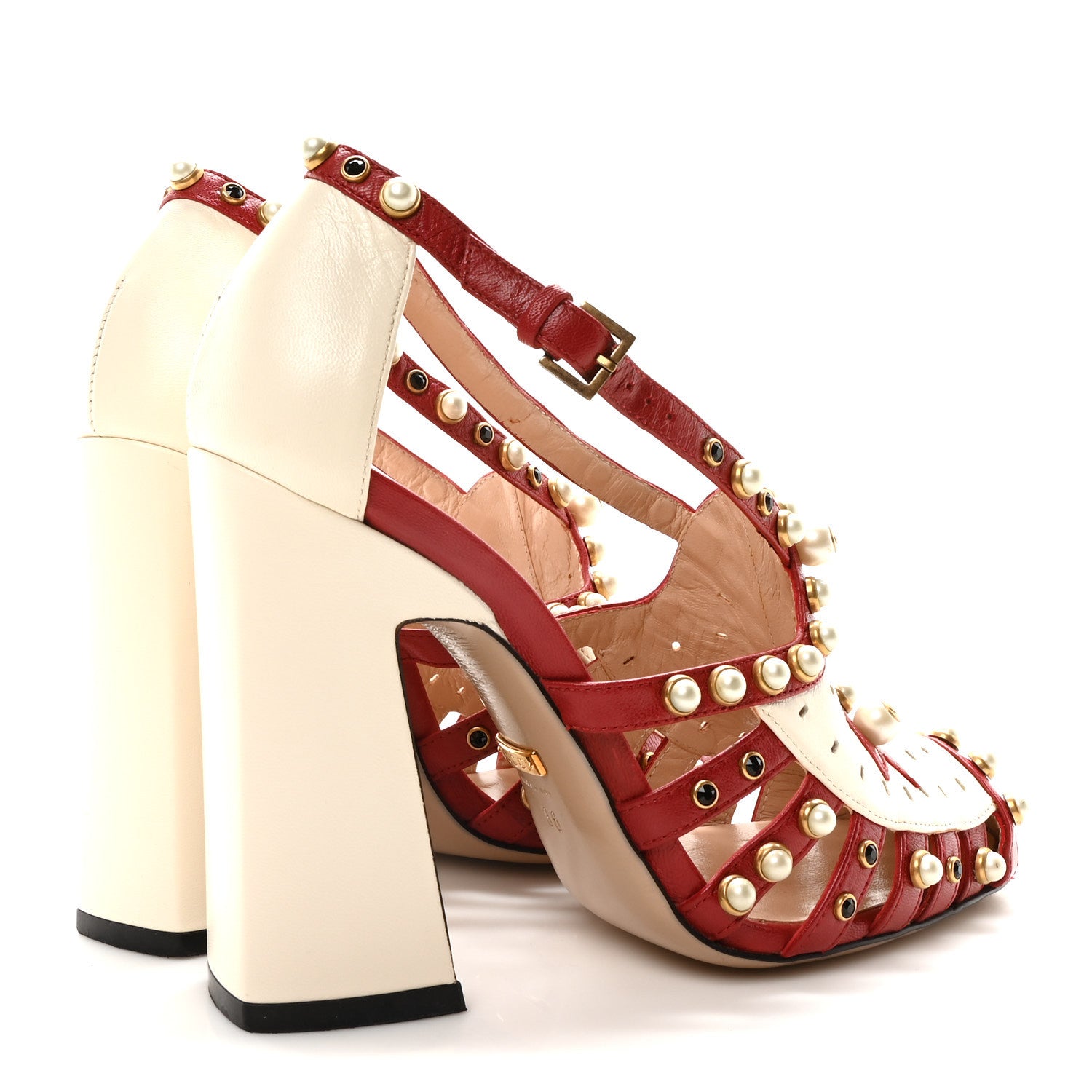 Gucci Calfskin Pearl Studded Tracey Pumps 36 Red White 5 of 9