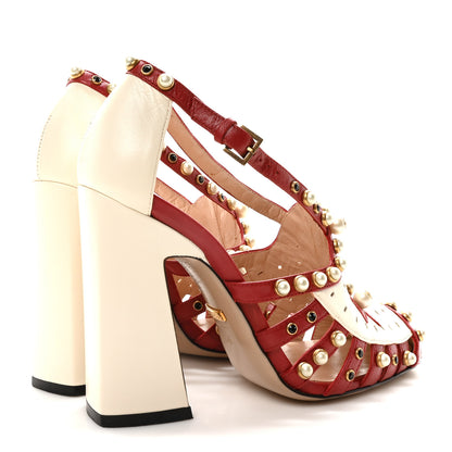 Gucci Calfskin Pearl Studded Tracey Pumps 36 Red White 5 of 9