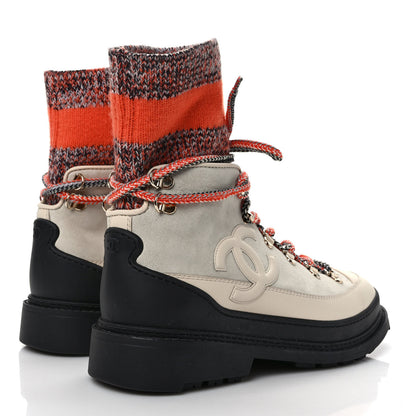 Chanel Suede Knit Womens Sock Lace Up Boots 38 Orange Dark Grey Ivory 4 of 7