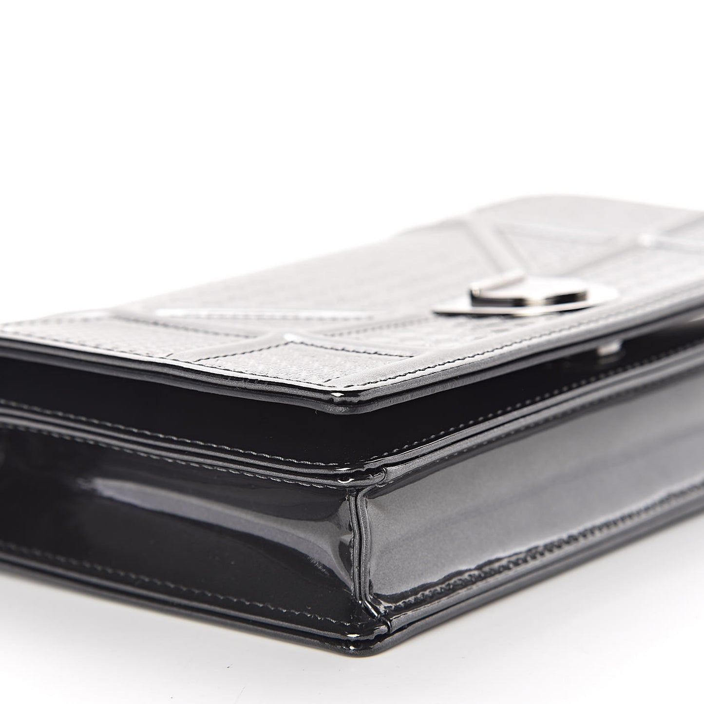 Metallic Patent Micro-Cannage Diorama Wallet on Chain Pouch Onyx Black