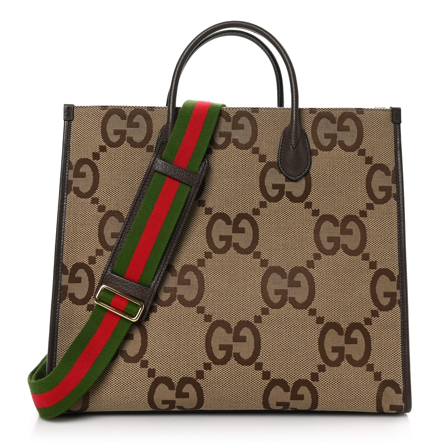 Monogram Jumbo GG Textured Dollar Calfskin Web Tote Bag Camel Ebony New Acero