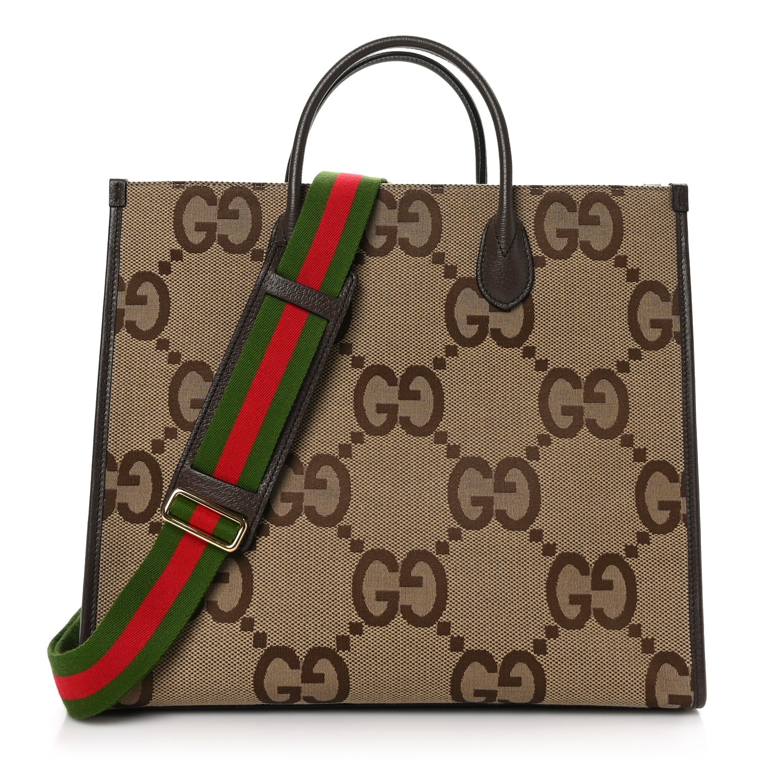 Gucci Monogram Jumbo GG Textured Dollar Calfskin Web Tote Bag Camel Ebony New Acero 1 of 9