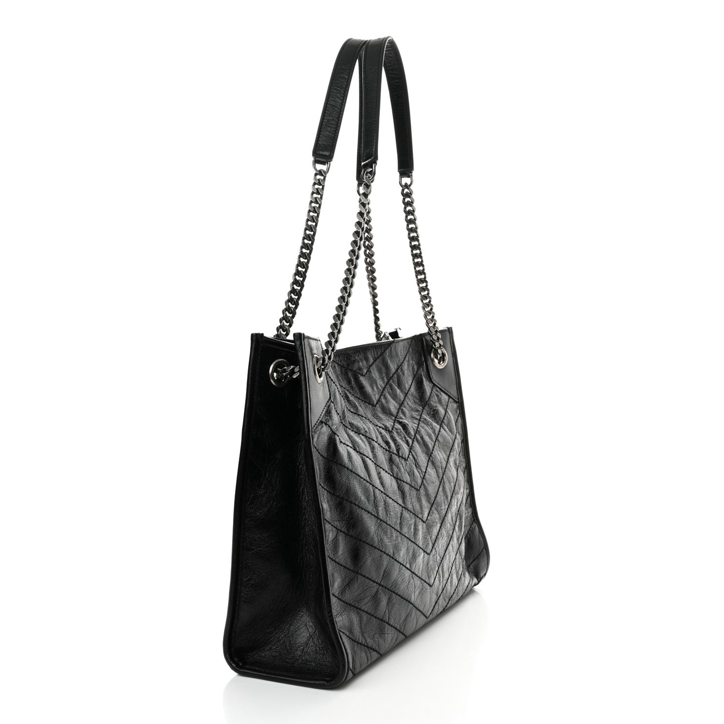 Crinkled Calfskin Matelasse Monogram Medium Niki Shopper Tote Black