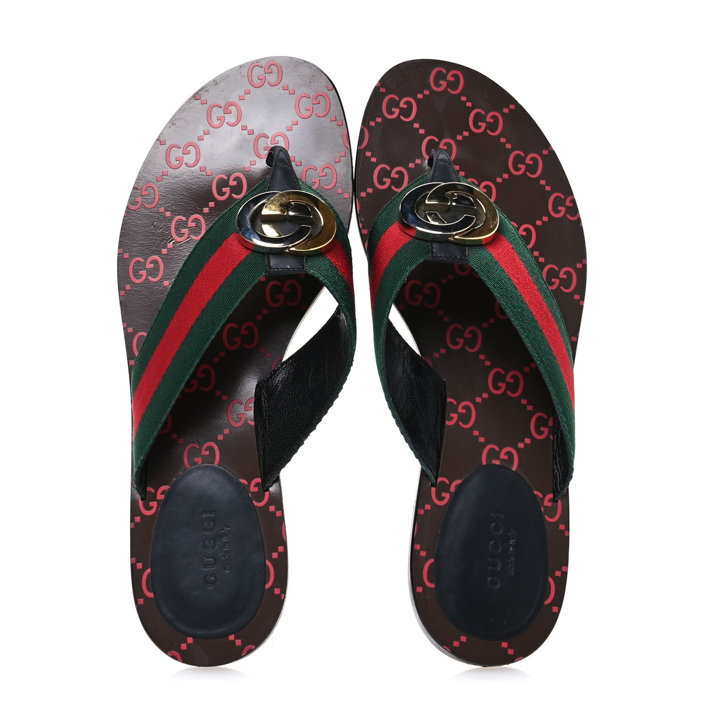Nylon Calfskin Web GG Monogram Womens Thong Sandals 39 Green Red Cocoa