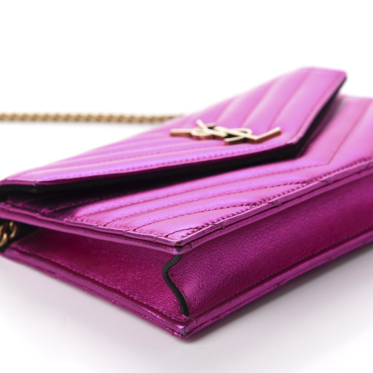 Metallic Calfskin Matelasse Chevron Monogram Envelope Chain Wallet Fuchsia