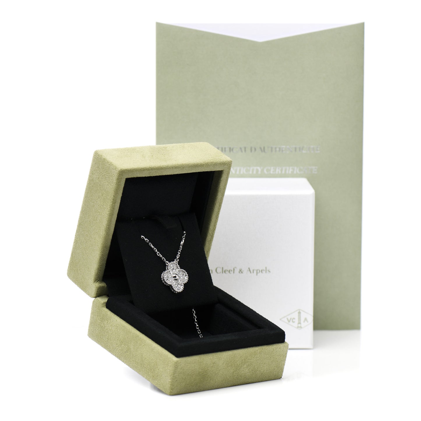 18K White Gold Diamond Vintage Alhambra Pendant Necklace