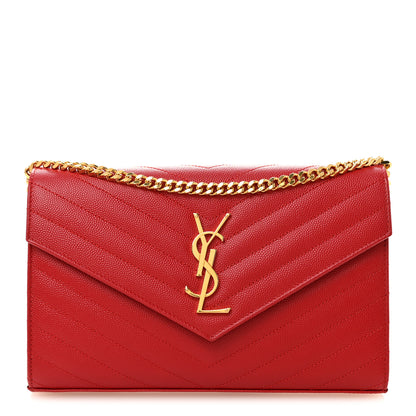 Saint Laurent Grain De Poudre Matelasse Chevron Monogram Chain Wallet New Red 1 of 9