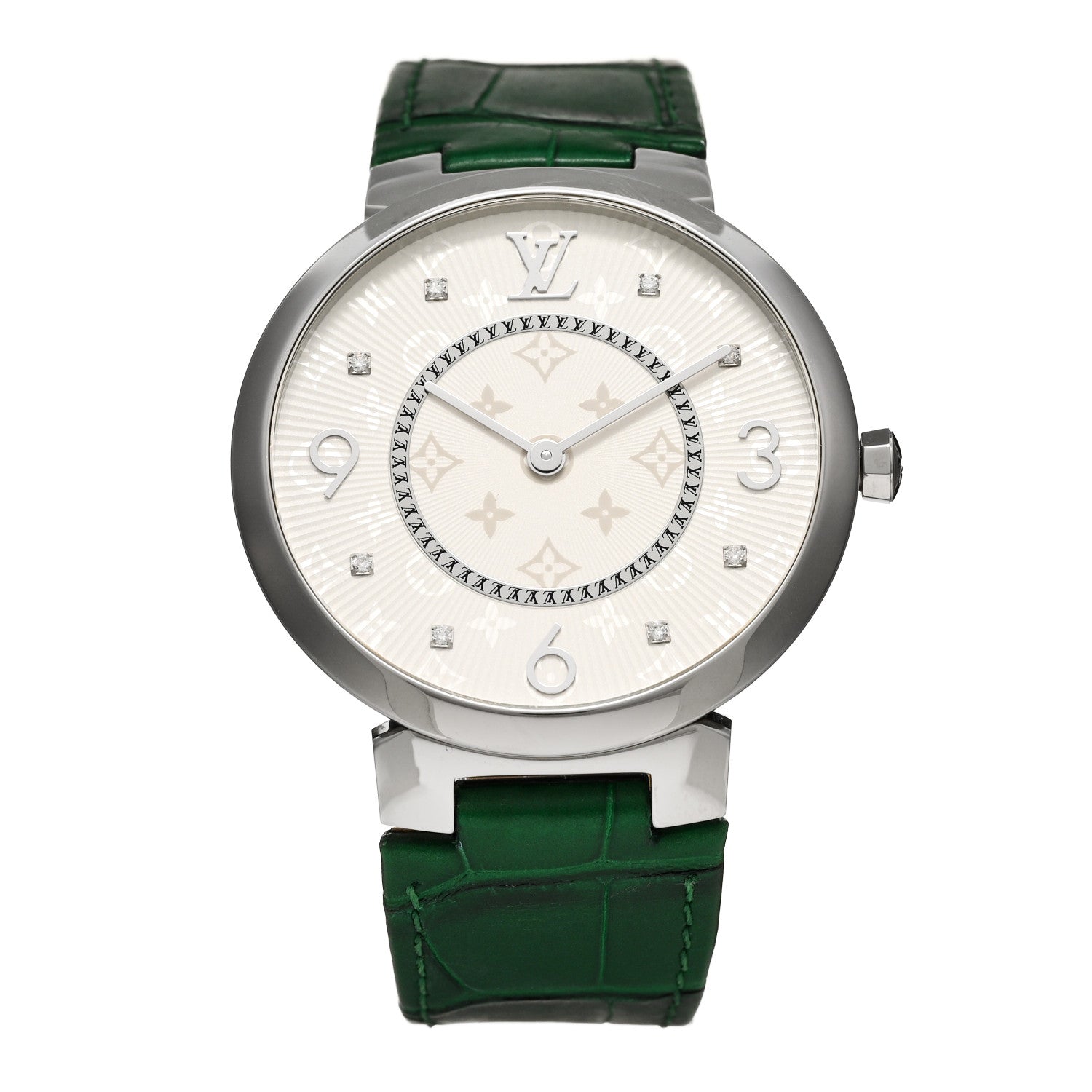 Louis Vuitton Stainless Steel Alligator Diamond 33mm Tambour Slim Quartz Watch Green 1 of 5
