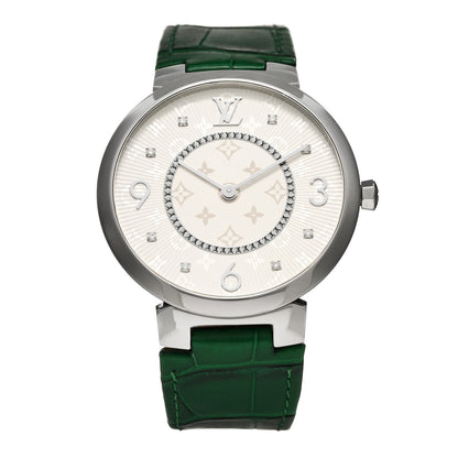 Louis Vuitton Stainless Steel Alligator Diamond 33mm Tambour Slim Quartz Watch Green 1 of 5