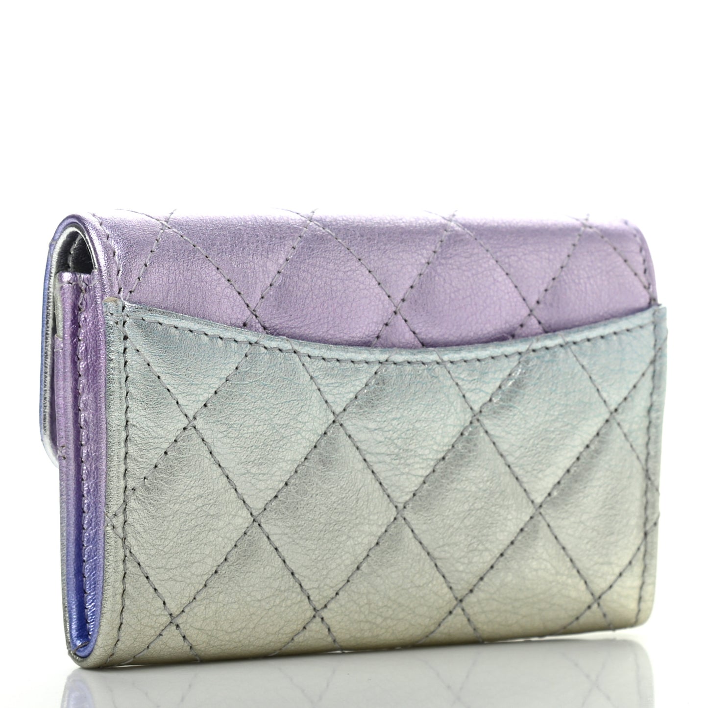 Gradient Metallic Calfskin Quilted Flap Card Holder Wallet Silver Blue Yellow Purple