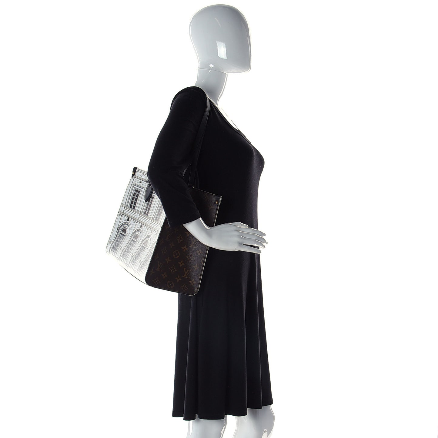 X FORNASETTI Calfskin Architettura Onthego MM Black White