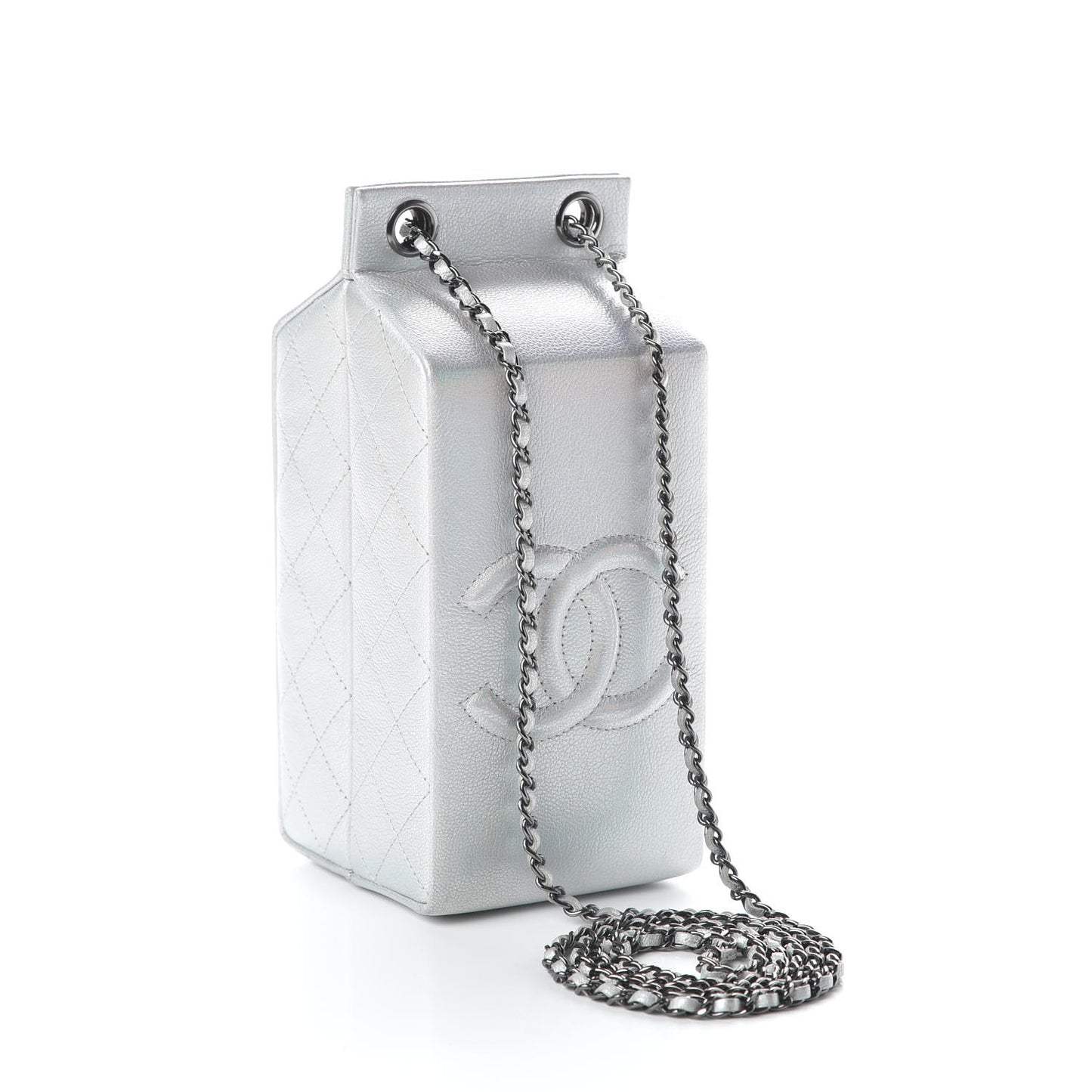 Metallic Goatskin Lait de Coco Milk Carton Bag Silver