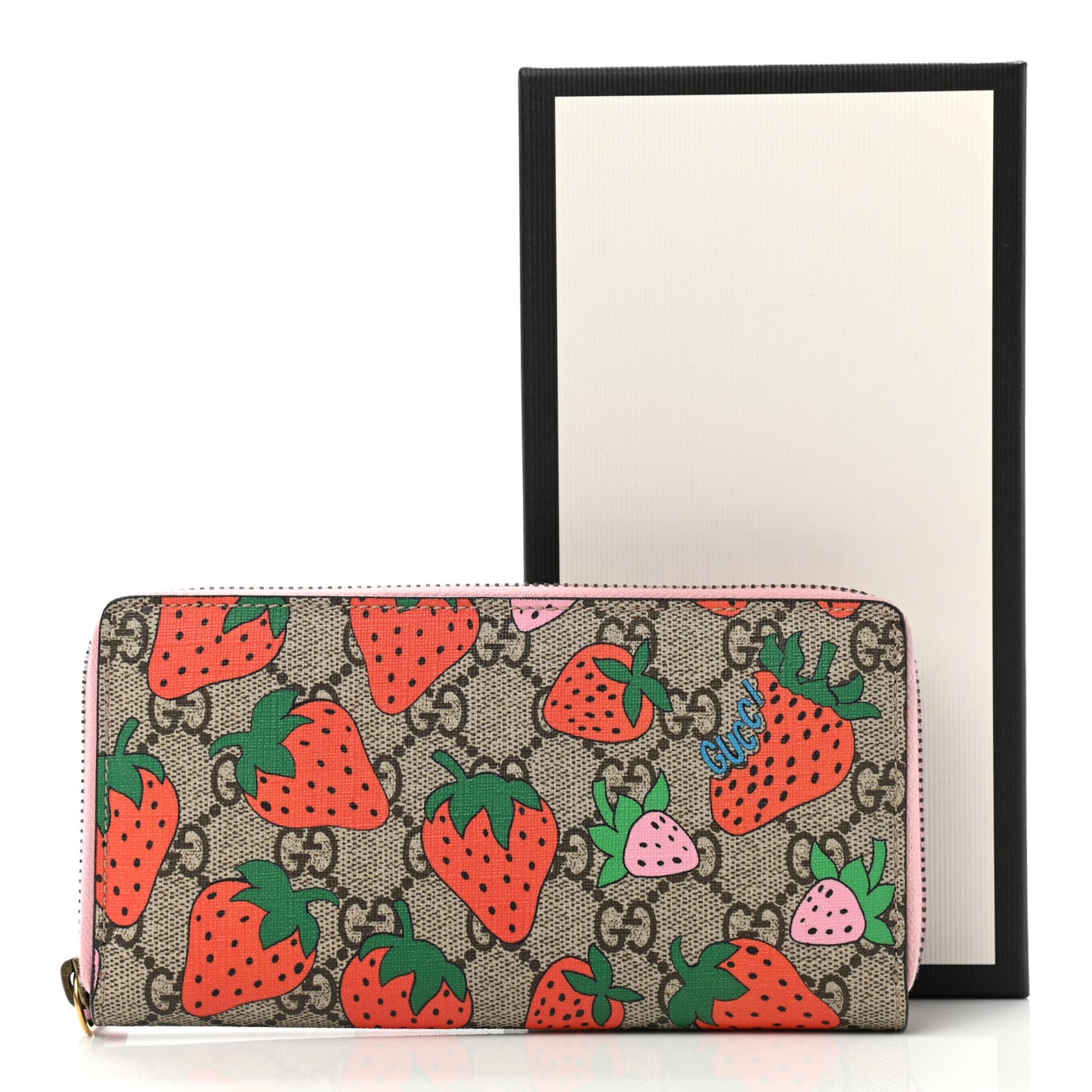 GG Supreme Monogram Strawberry Zip Around Wallet Light Pink