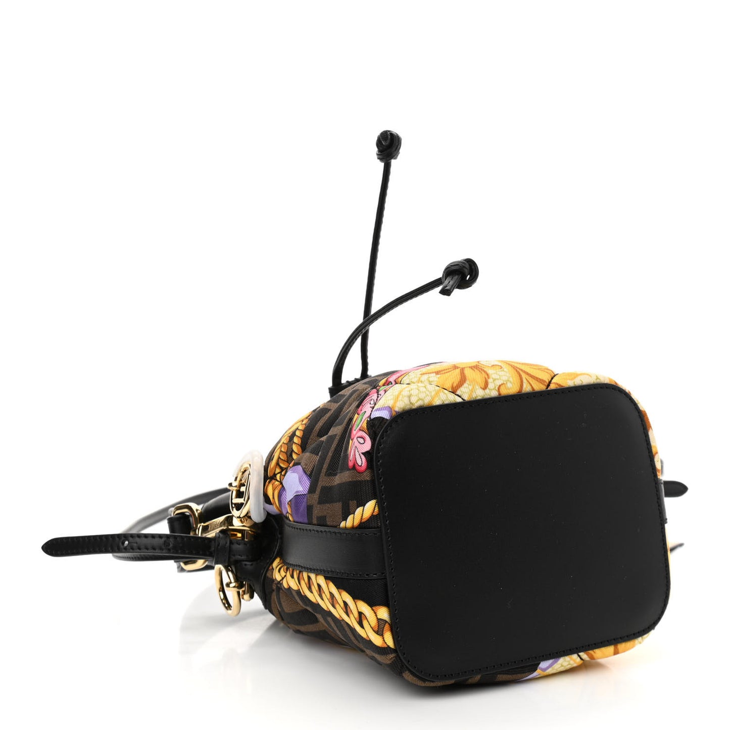 X VERSACE Silk Vitello Fendace FF Baroque Quilted Mini Mon Tresor Bucket Bag Gold Multicolor