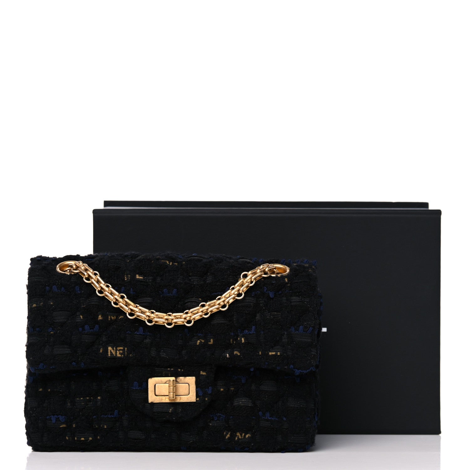 Chanel Tweed Quilted Mini 2.55 Reissue Flap Black Gold Navy 11 of 11