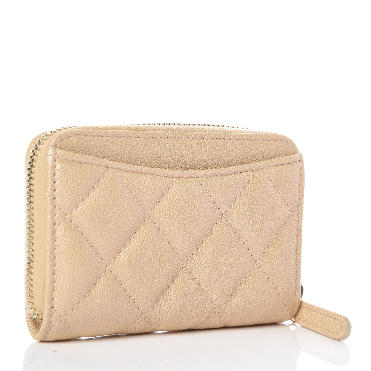 Iridescent Caviar Quilted Zip Card Holder Beige
