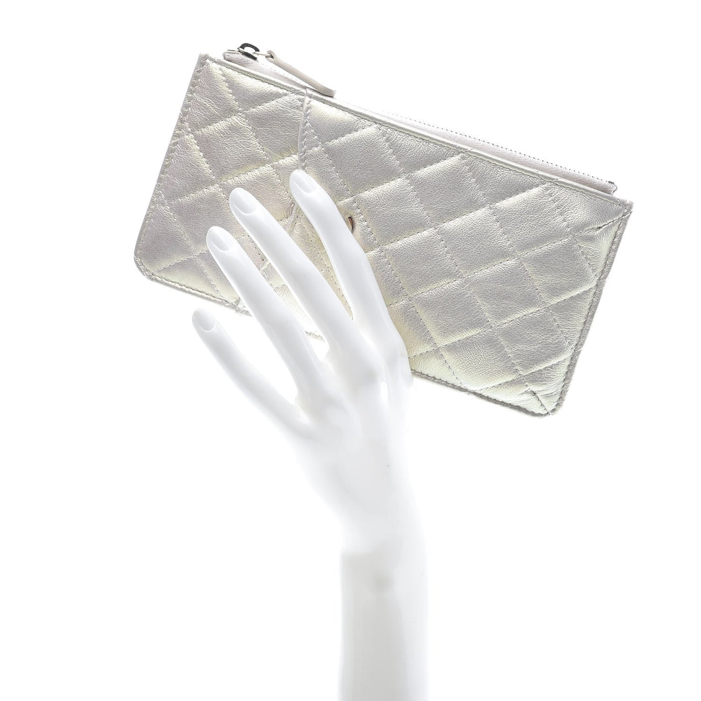 Iridescent Lambskin Quilted Classic Flat Wallet Pouch Ivory