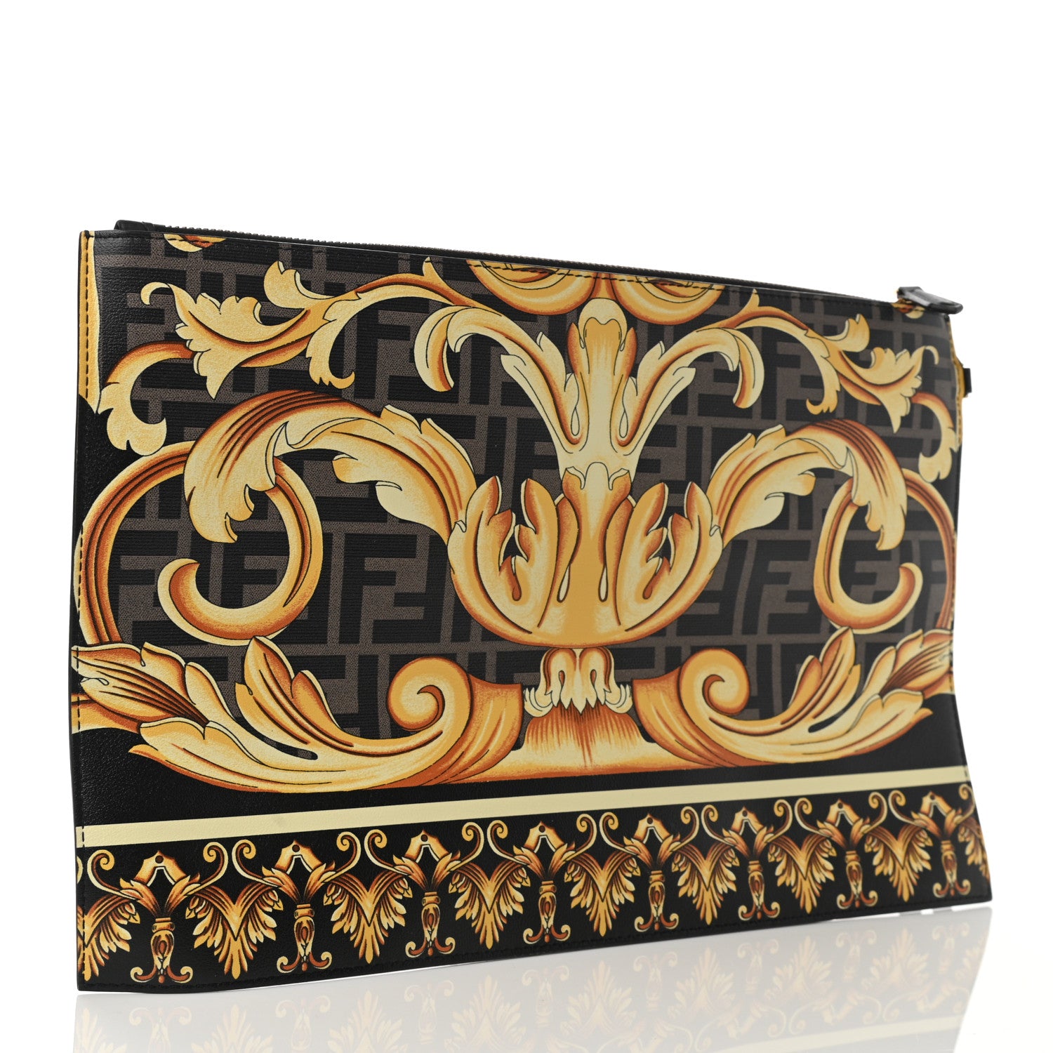 Fendi X VERSACE Vitello Grace Catalan Mirror Fendace FF Baroque Logo Large Flat Pouch Tobacco Gold 3 of 6