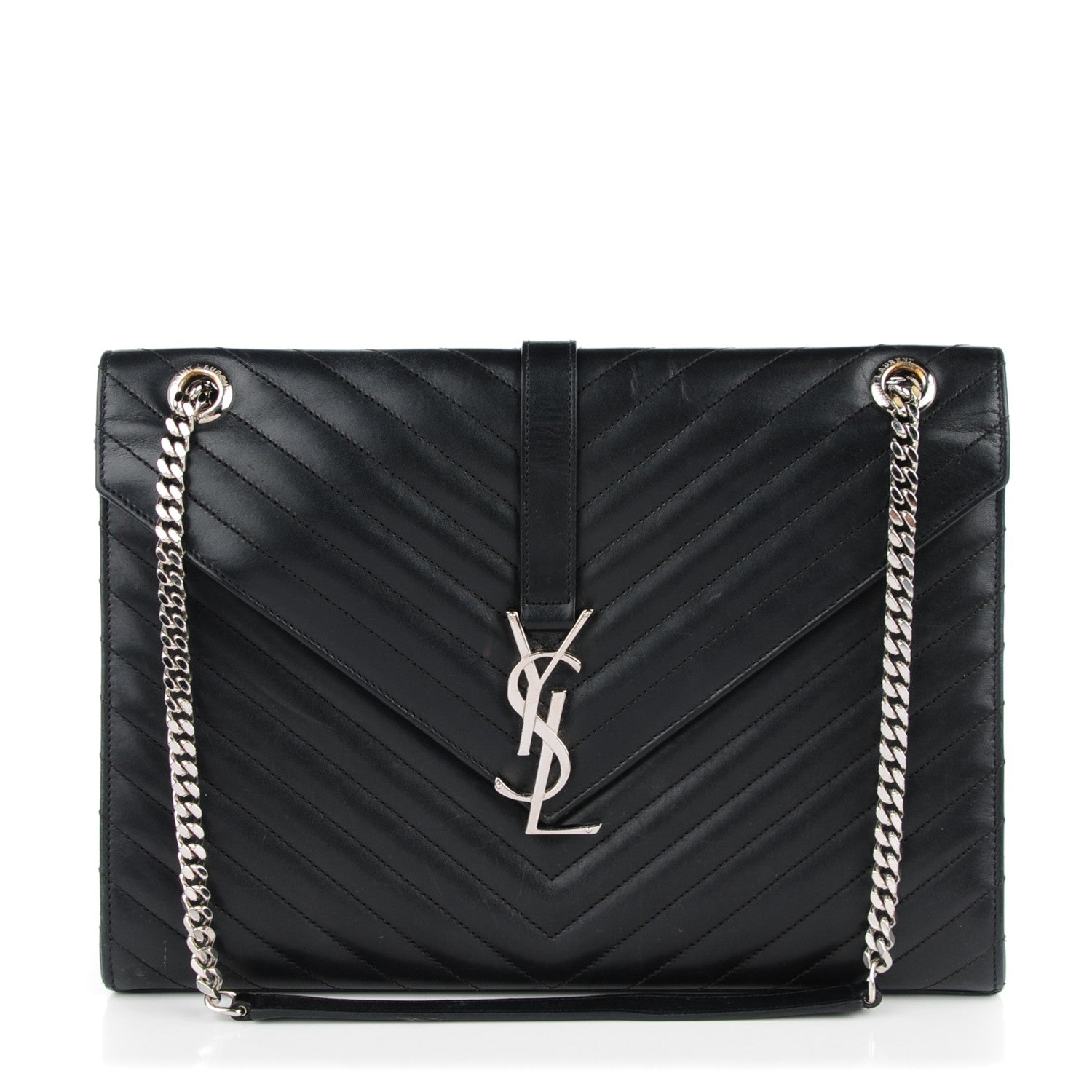 Saint Laurent Smooth Calfskin Matelasse Chevron Large Monogram Satchel Black 1 of 10