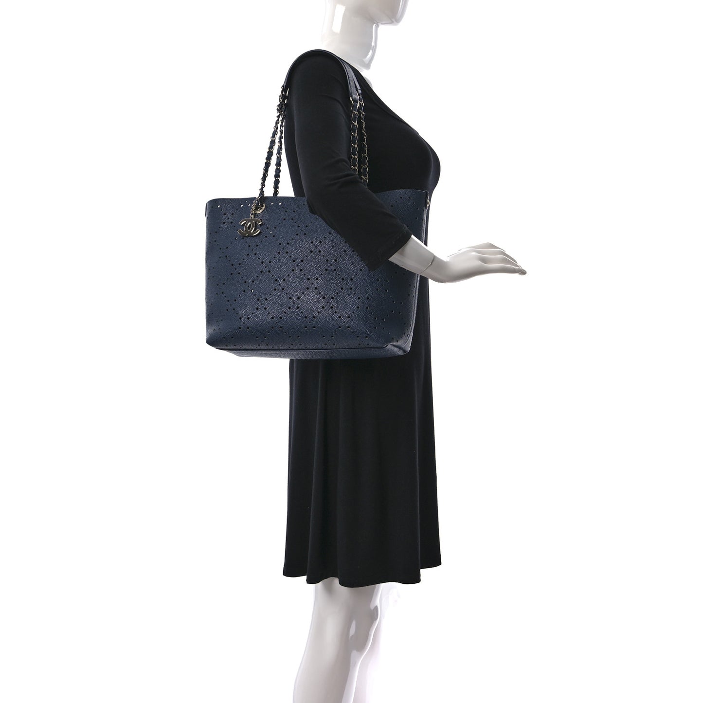 Perforated Grained Calfskin Large Shopping Tote Blue