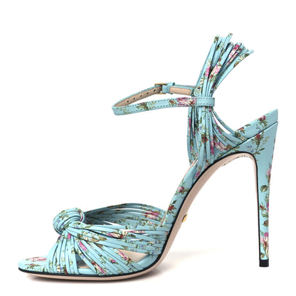 Gucci Malaga Kid Floral Print Knotted Allie Sandals 37 Aquamarine 1 of 9