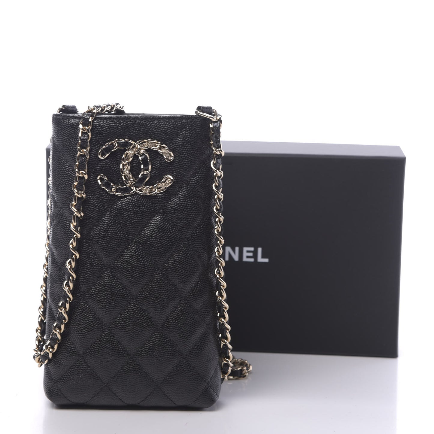 Caviar Quilted French New Wave Phone Holder With Chain Black