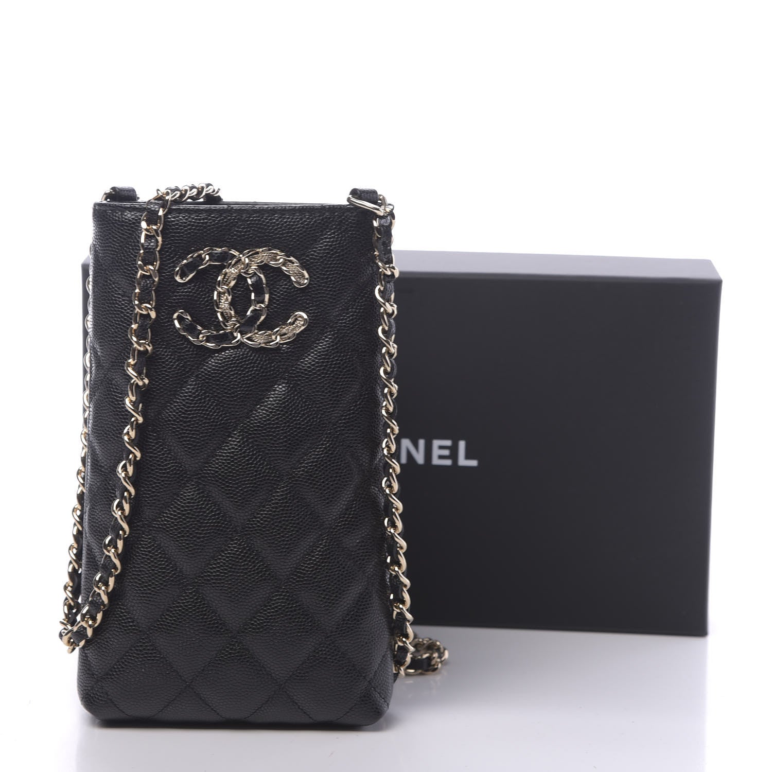Chanel Caviar Quilted French New Wave Phone Holder With Chain Black 11 of 11