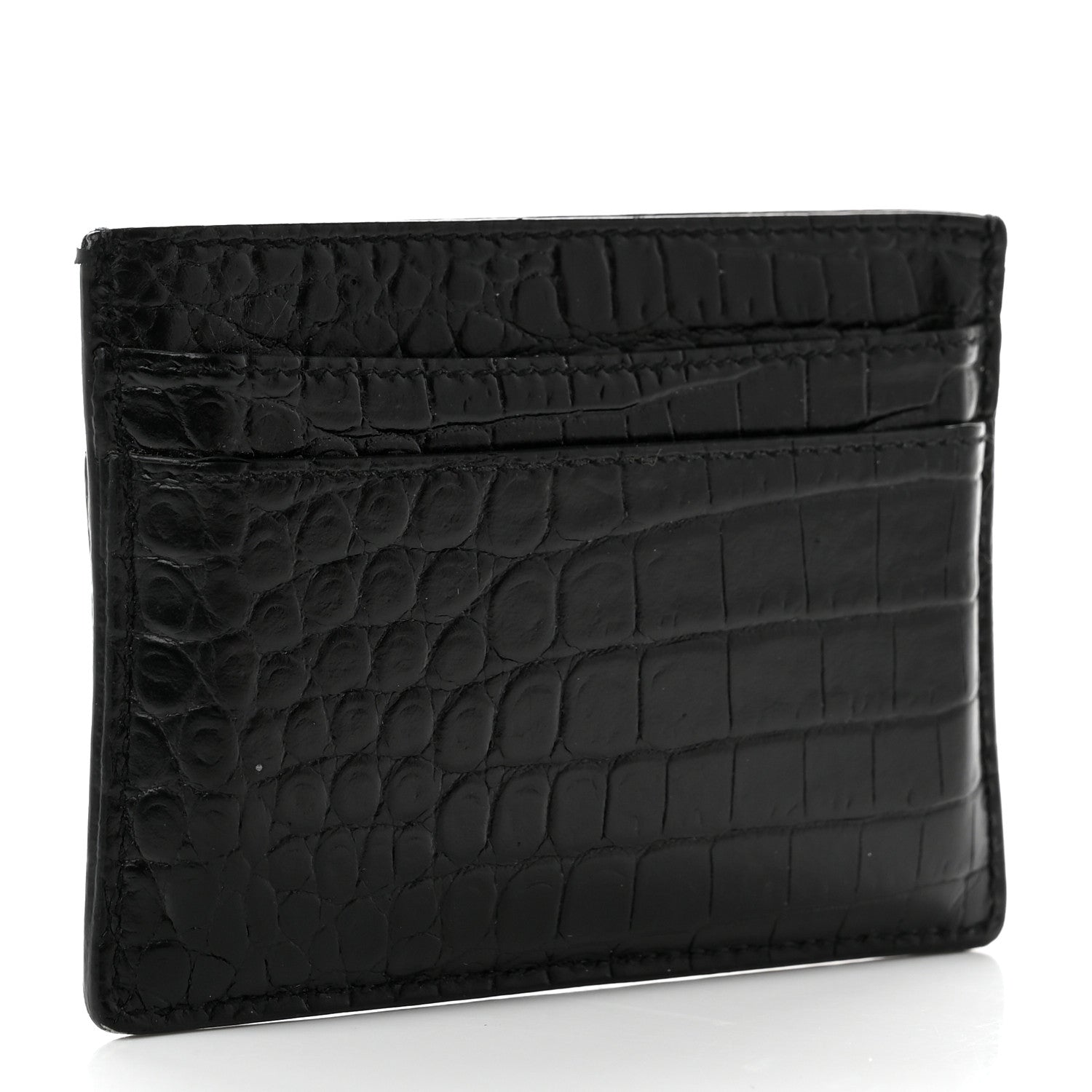 Saint Laurent Calfskin Crocodile Embossed Monogram Credit Card Case Black 3 of 8