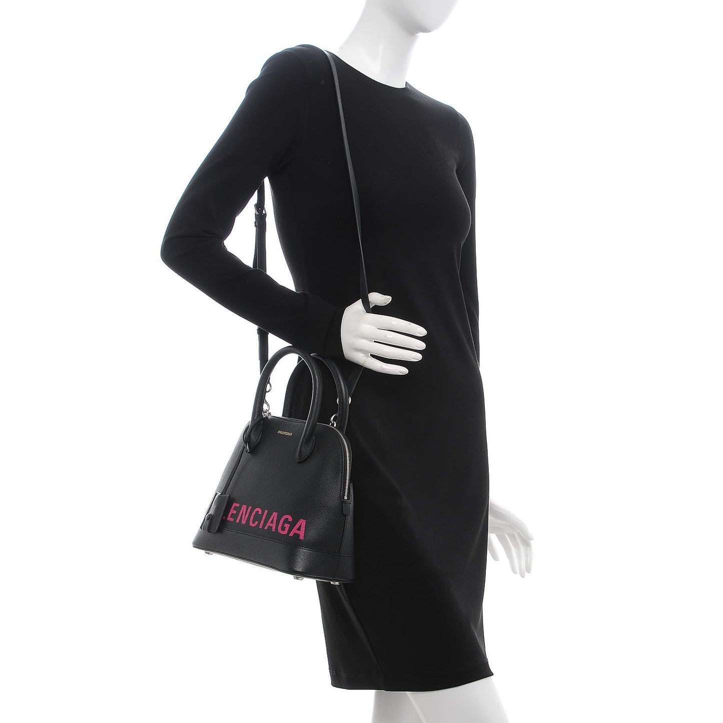 Signature Grained Calfskin Logo S Ville Top Handle Bag Black Rose Shocking