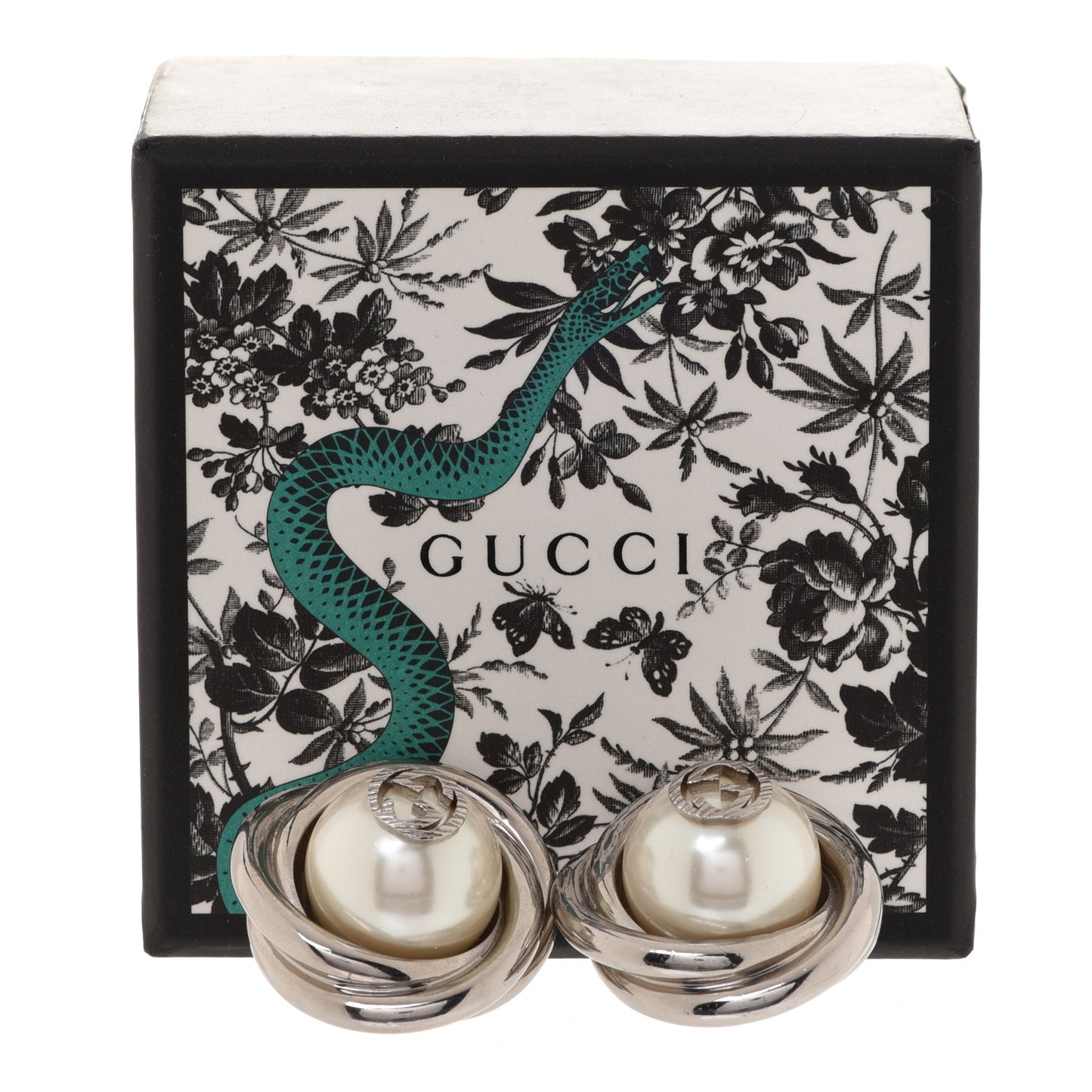 Metal Pearl Interlocking G Round Clip On Earrings Silver