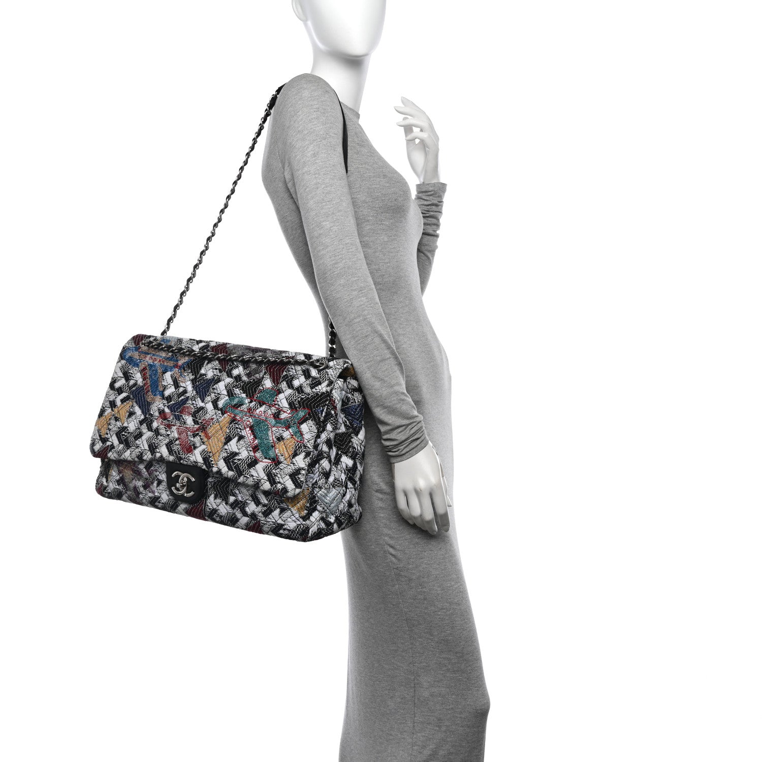 Chanel Tweed Strass Quilted XXL Plane Flap Black Multicolor 2 of 11