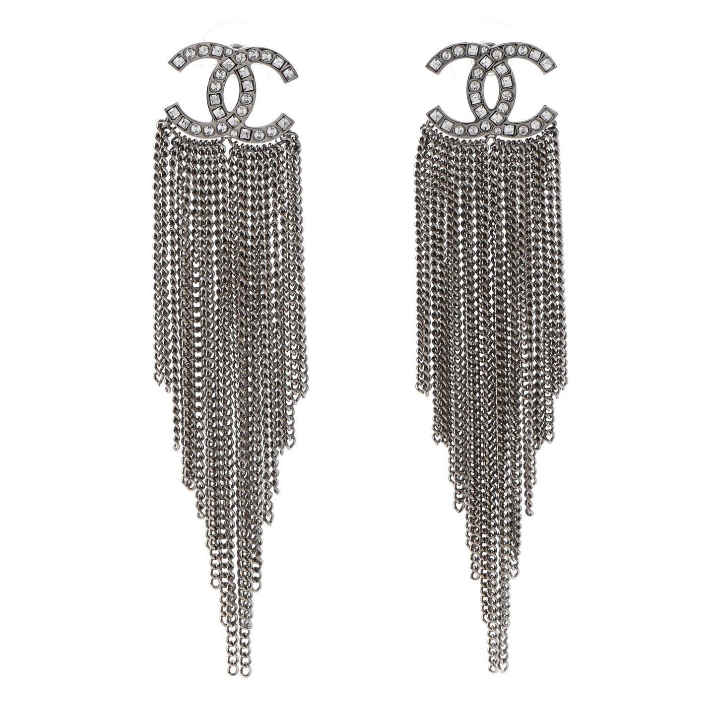 Baguette Crystal CC Chain Drop Earrings Silver