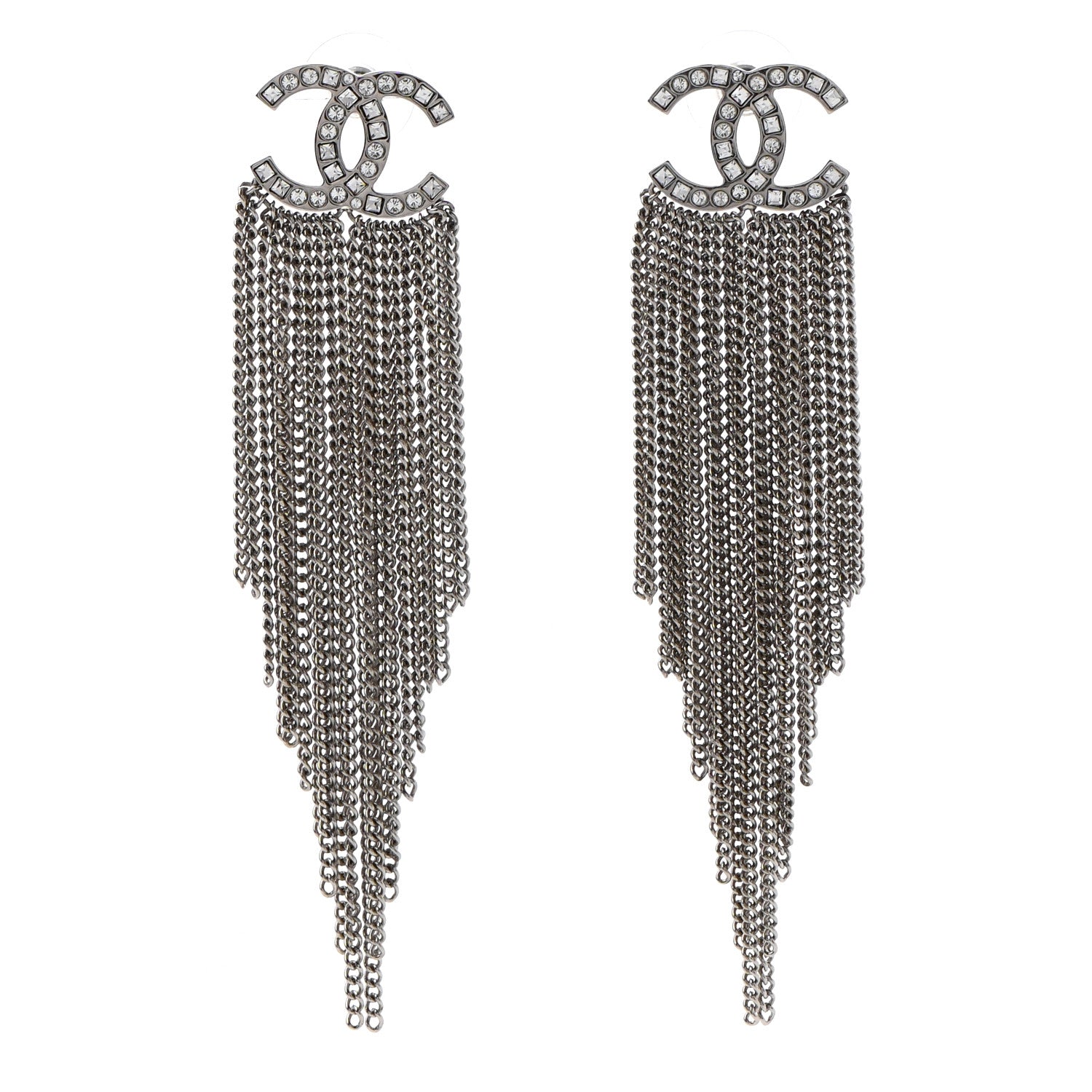Chanel Baguette Crystal CC Chain Drop Earrings Silver 1 of 4