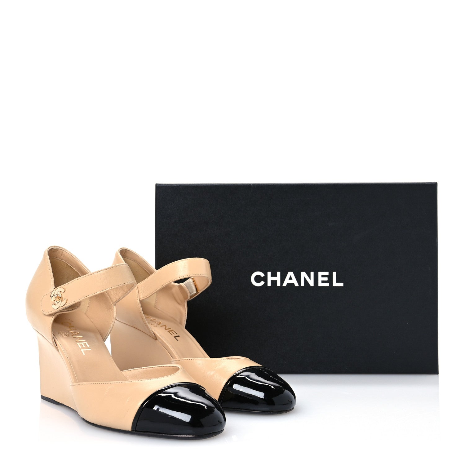 Chanel Lambskin Patent Cap Toe Mary Jane Wedge Pumps 38.5 Beige