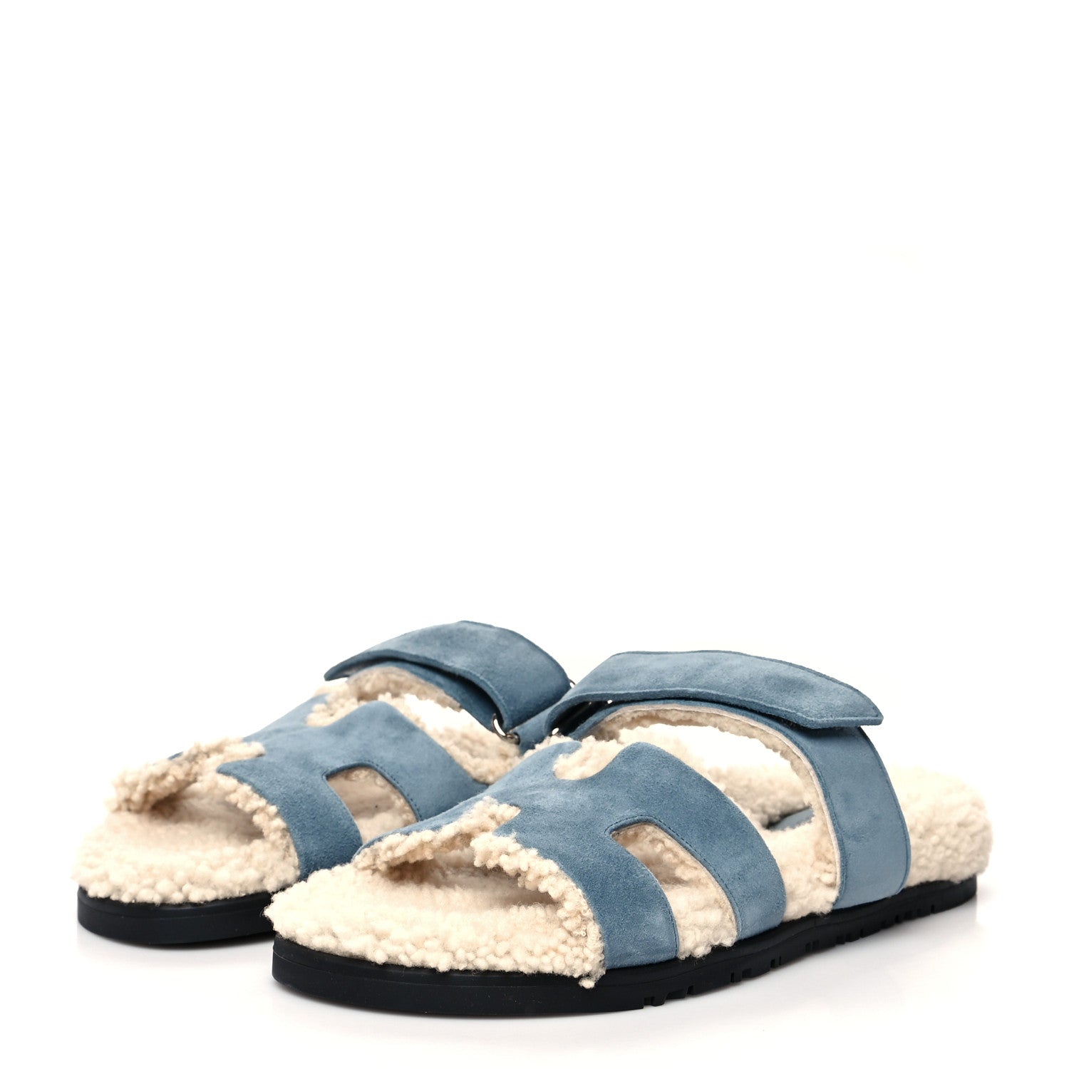 Hermes Suede Goatskin Woolskin Womens Chypre Sandals 39 Bleu Pinede Ecru 3 of 7