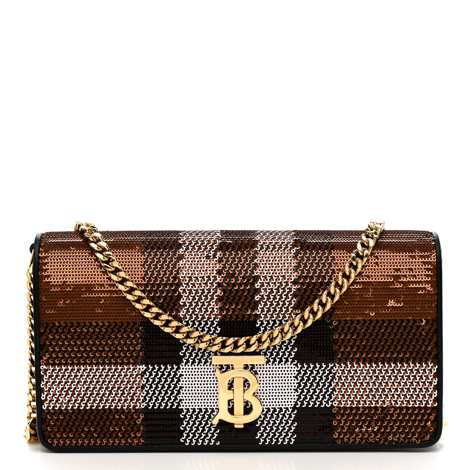 Burberry Calfskin Sequin Check Embellished TB Lola Chain Wallet Dark Birch 1 of 9