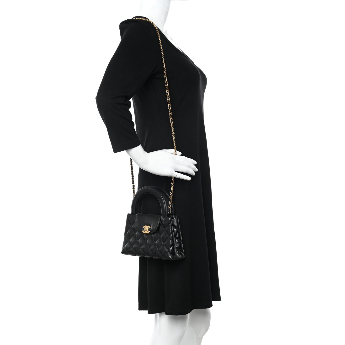 Shiny Aged Calfskin Quilted Nano Kelly Shopper Black