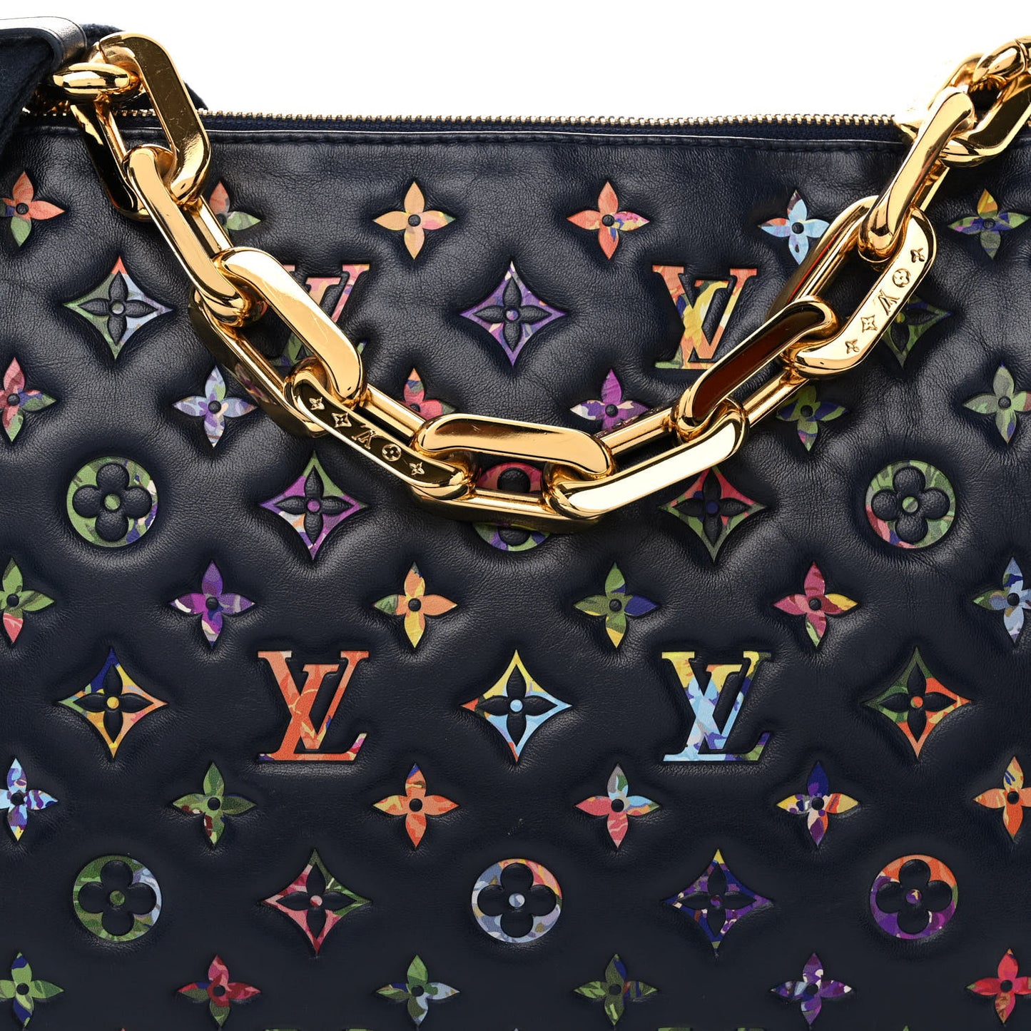 Lambskin Embossed Monogram LV Garden Coussin MM Navy Blue