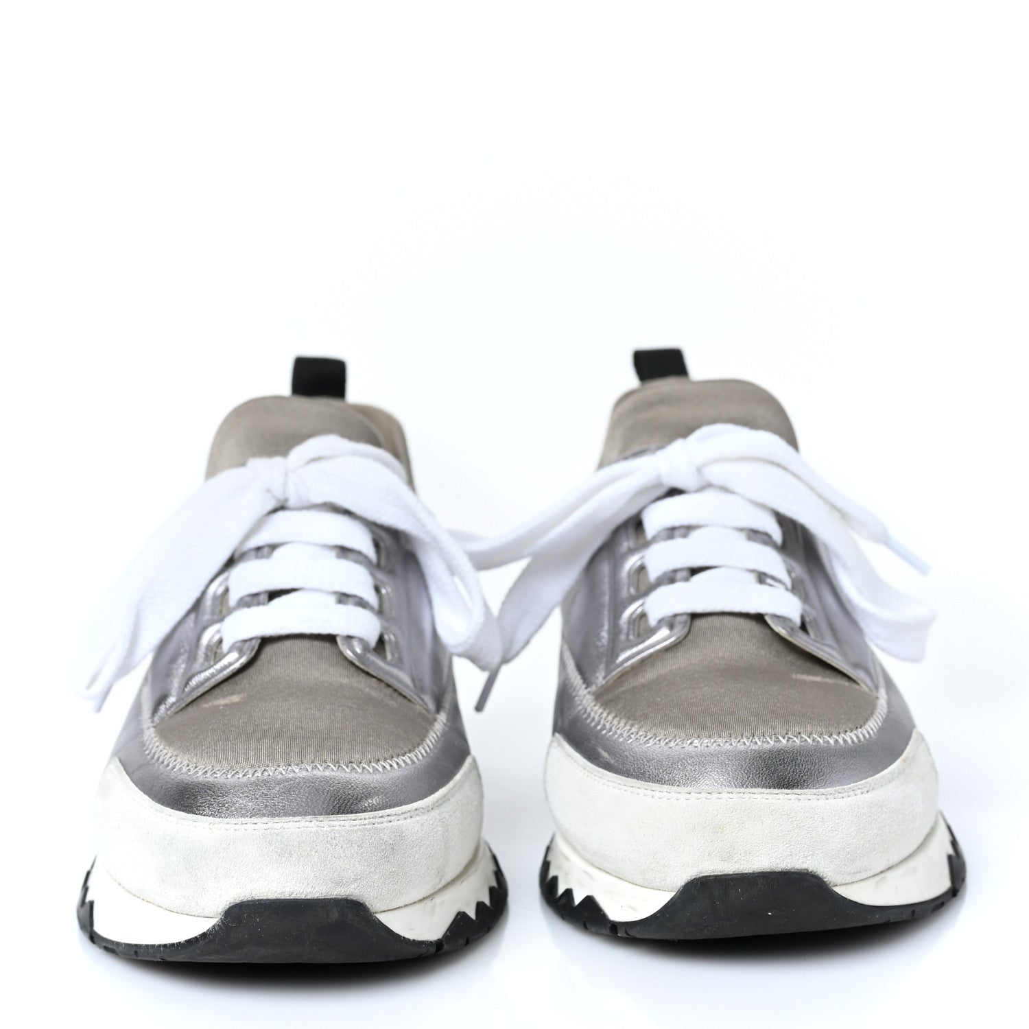 Hermes Technical Canvas Metallic Goatskin Womens Stadium Sneakers 35.5 Silver 2 of 7