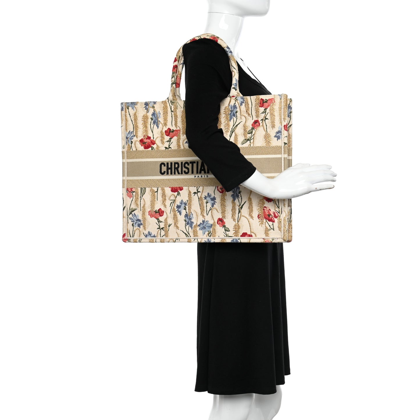 Canvas Embroidered Large Hibiscus Book Tote Beige Multicolor